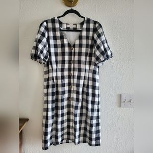 Loft Womens Size 8 Button Up Dress Black White Gingham Linen Blend V-neck lined